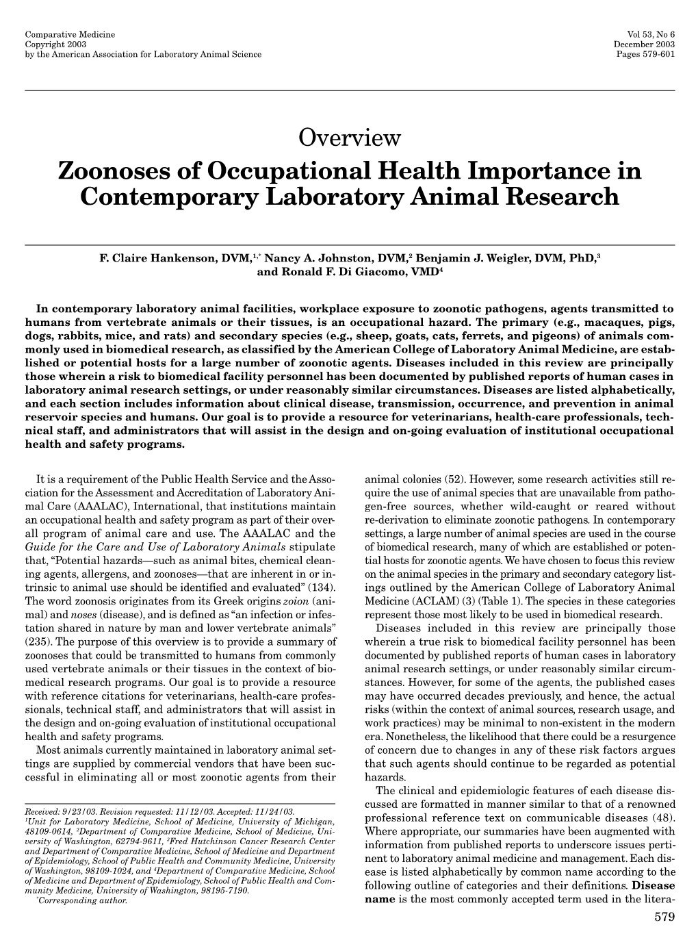 Zoonoses of Occupational Health Importance in Contemporary Laboratory Animal Research