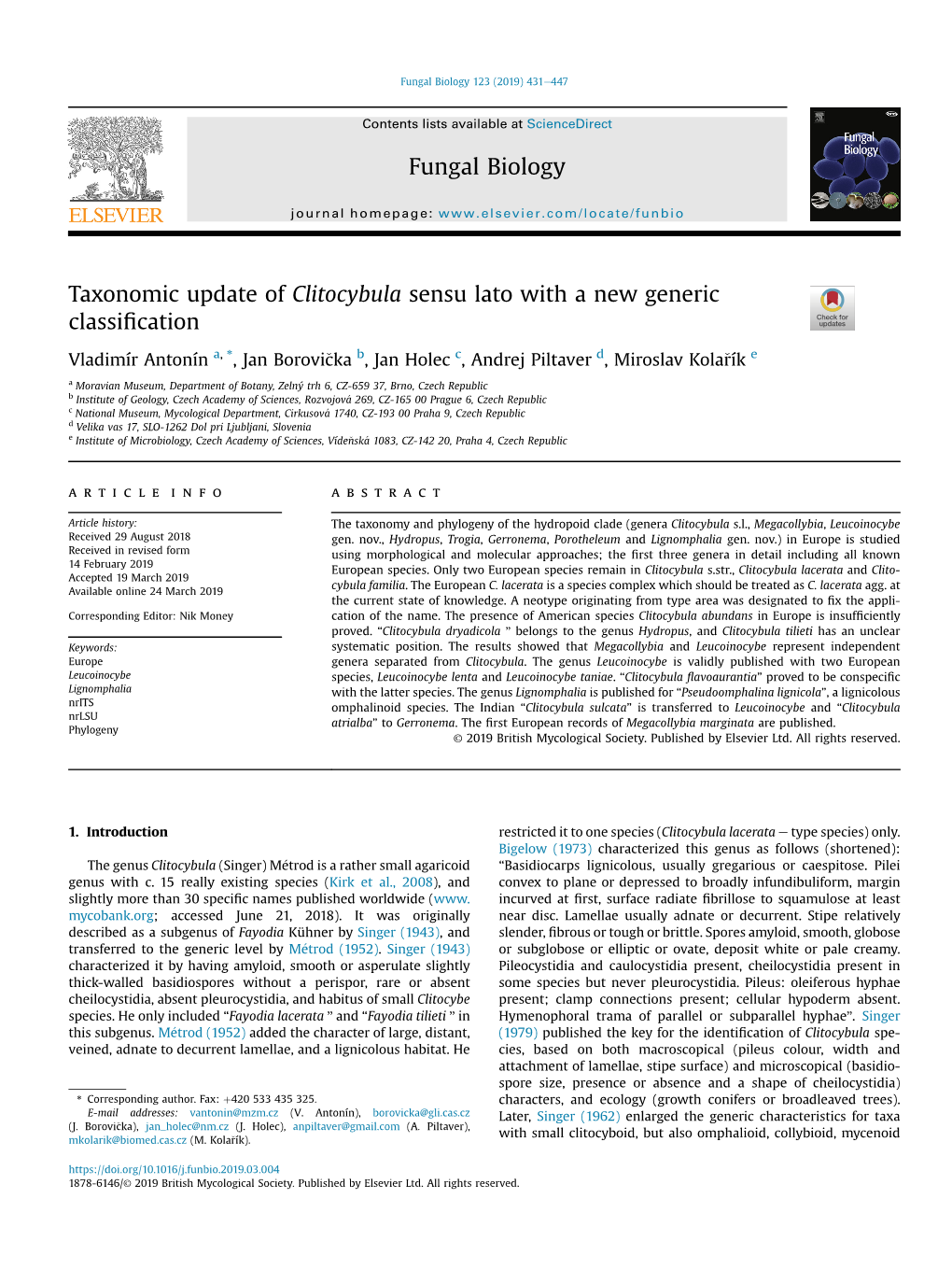 Taxonomic Update of Clitocybula Sensu Lato with a New Generic Classiﬁcation