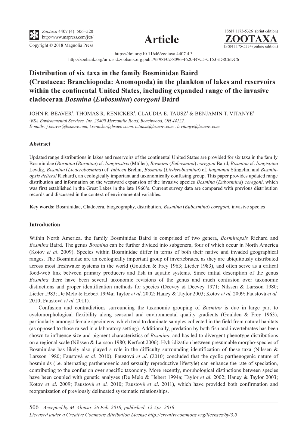 Distribution of Six Taxa in the Family Bosminidae Baird (Crustacea: Branchiopoda: Anomopoda) in the Plankton of Lakes and Reserv