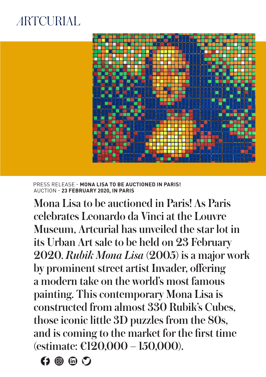 Press Release: Mona Lisa to Be Auctioned Paris | 23.02.2020