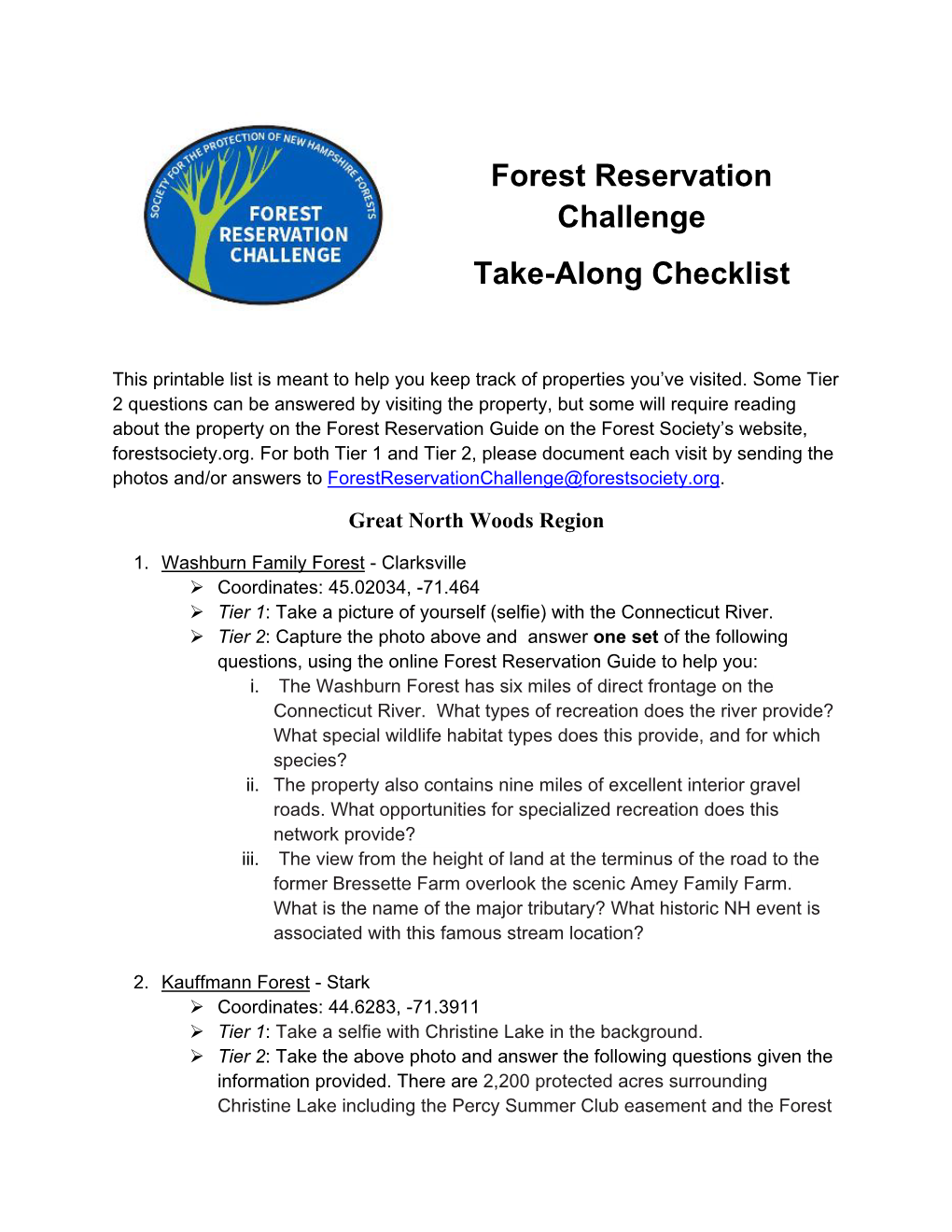 Forest Reservation Challenge Take-Along Checklist