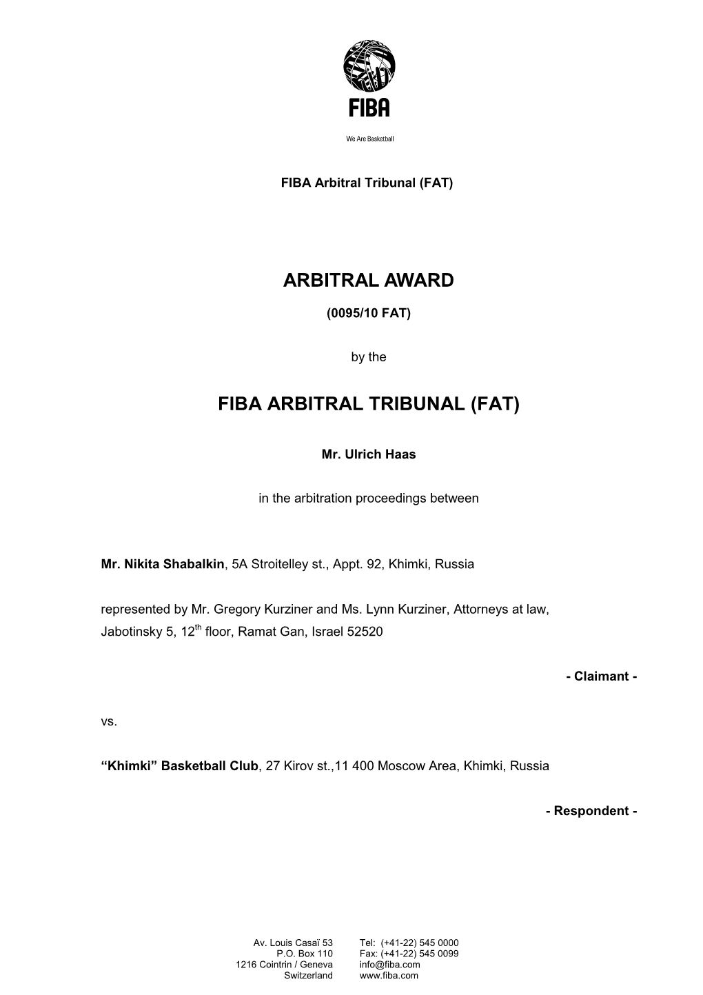 Arbitral Award Fiba Arbitral Tribunal (Fat)