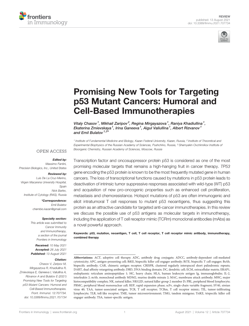 Promising New Tools for Targeting P53 Mutant Cancers: Humoral and Cell-Based Immunotherapies