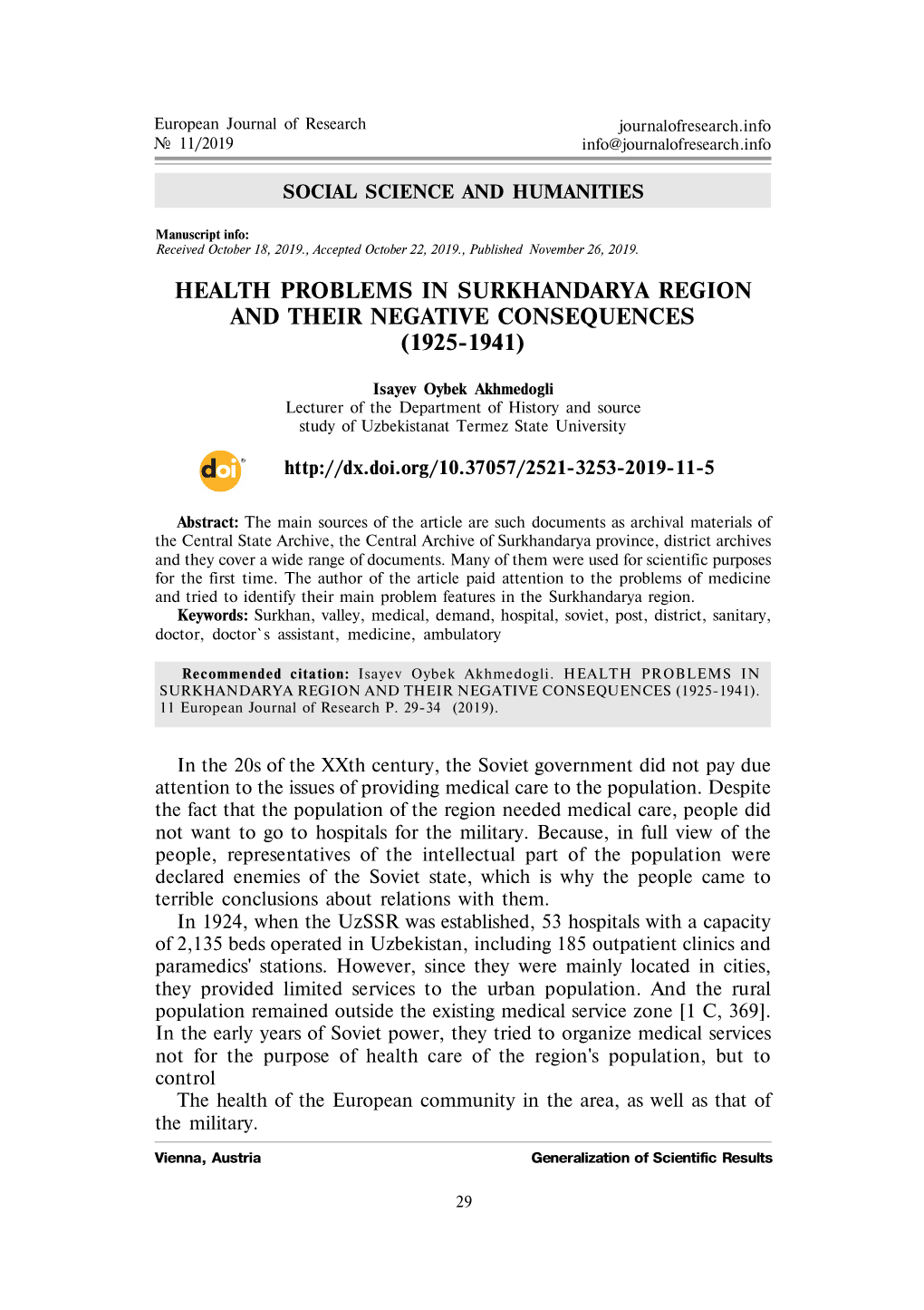 Health Problems in Surkhandarya Region and Their Negative Consequences (1925-1941)