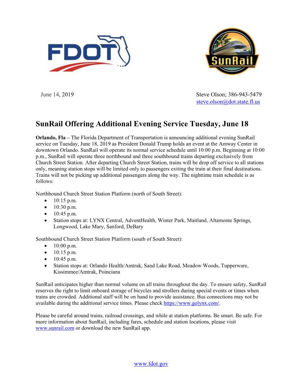 Sunrail Offering Additional Evening Service Tuesday, June 18