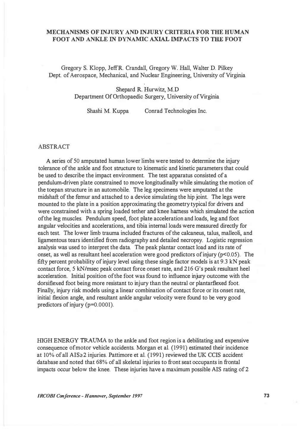 Mechanisms of Injury and Injury Criteria for the Human Foot and Ankle