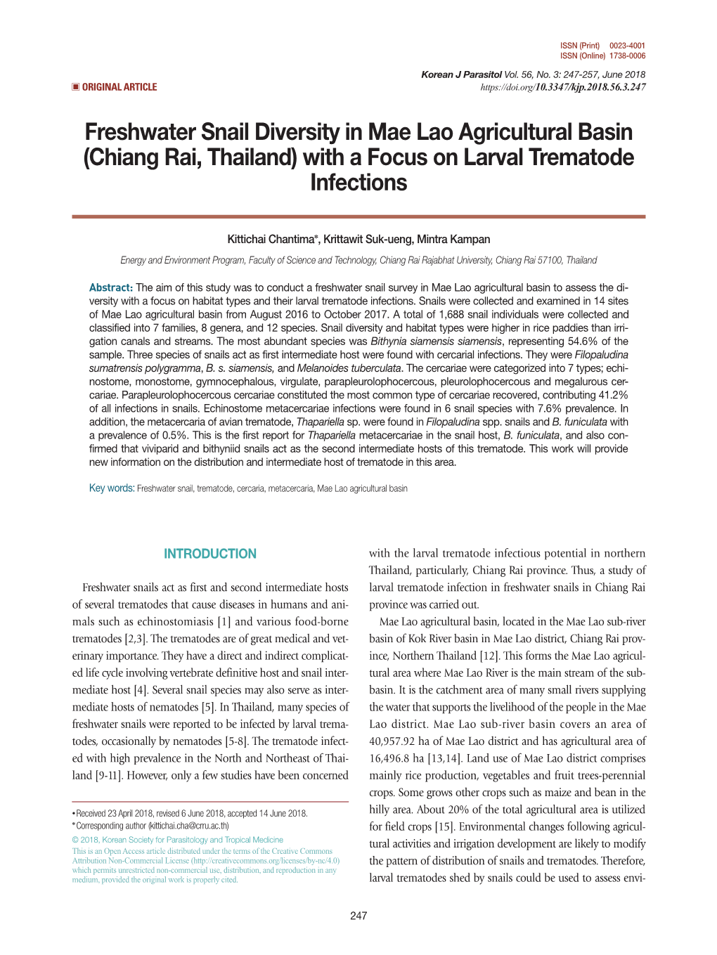 Freshwater Snail Diversity in Mae Lao Agricultural Basin (Chiang Rai, Thailand) with a Focus on Larval Trematode Infections