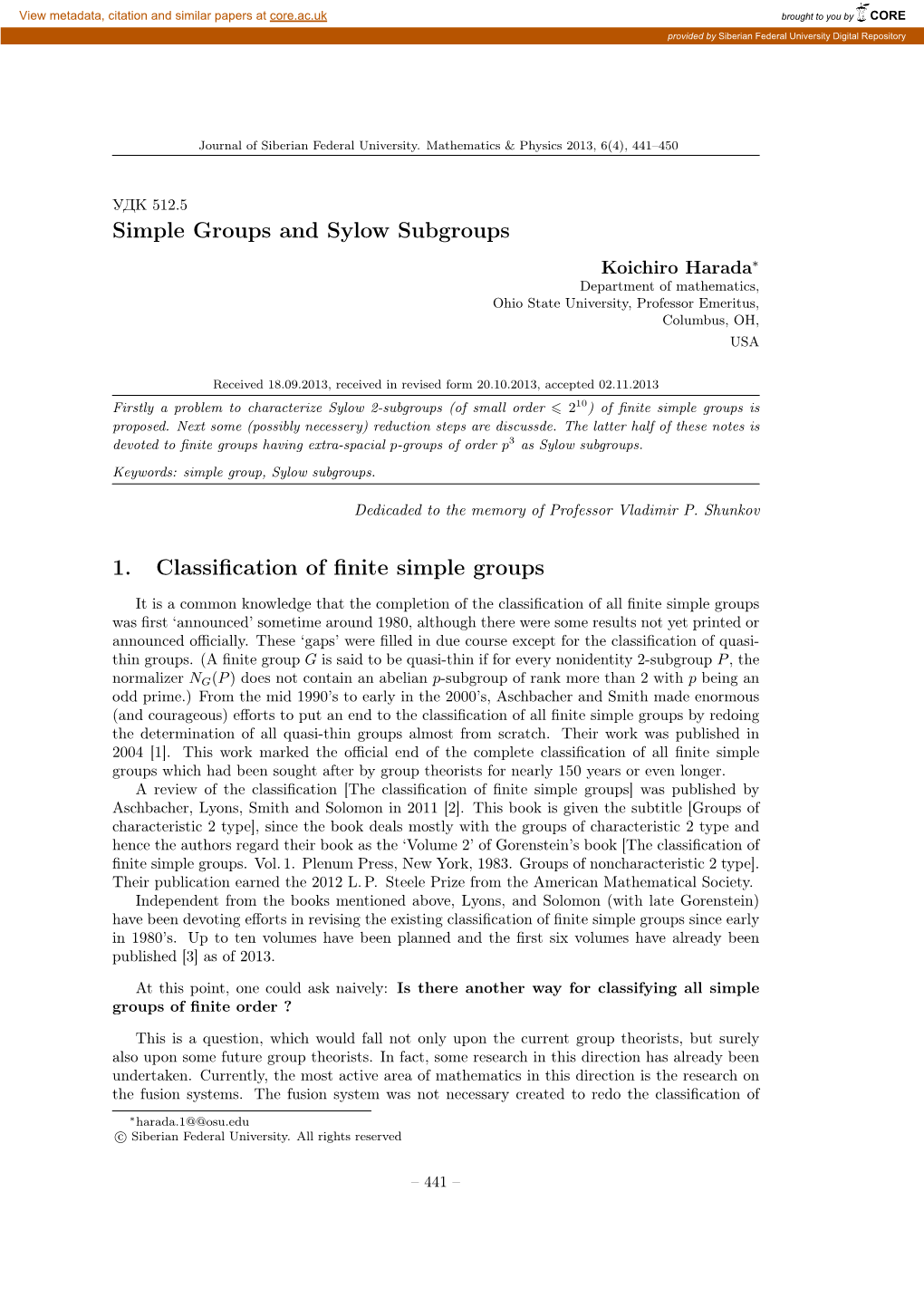 Simple Groups and Sylow Subgroups 1. Classification of Finite