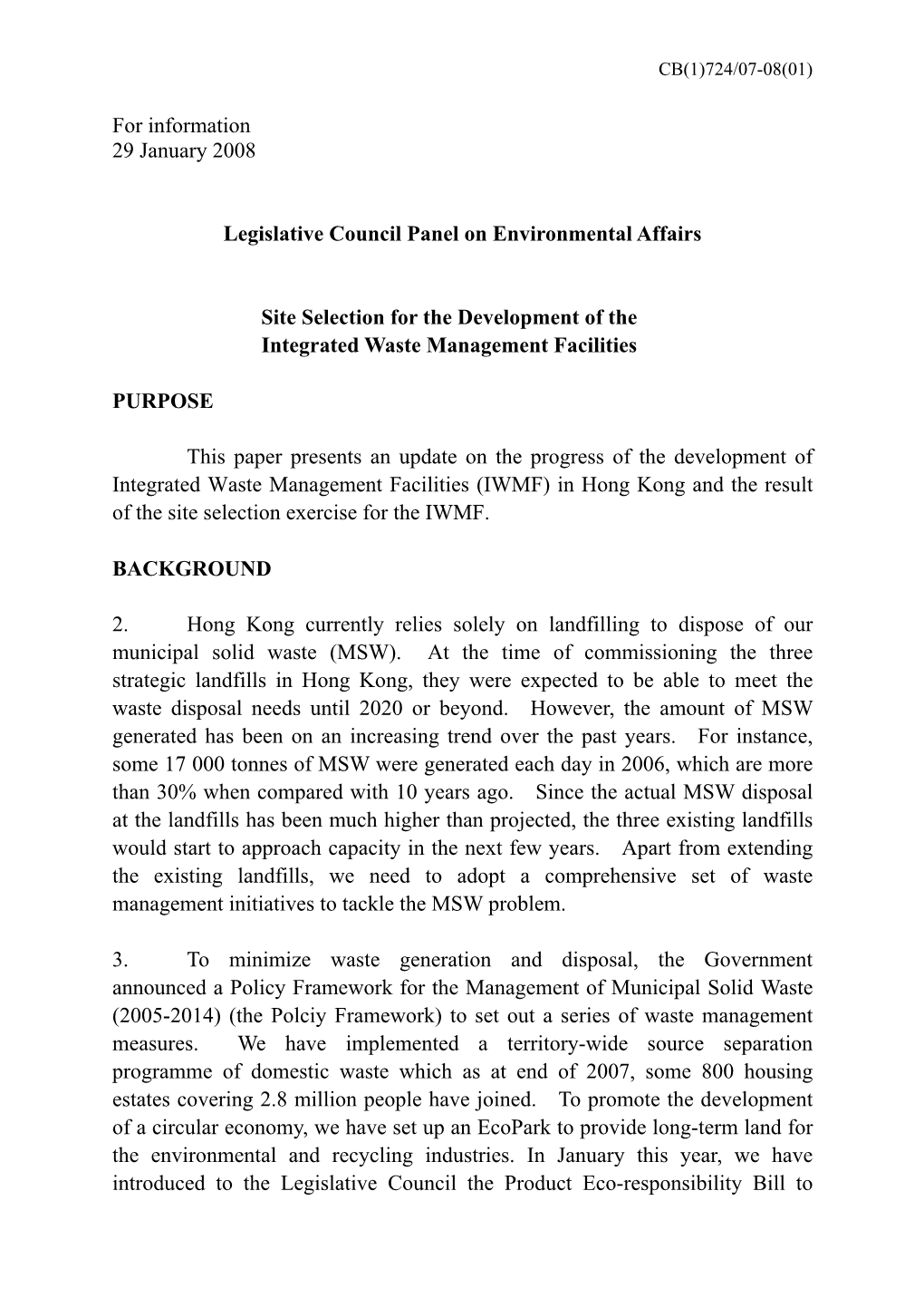 Administration's Paper on "Site Selection for the Development of the Integrated Waste Management Facilities"