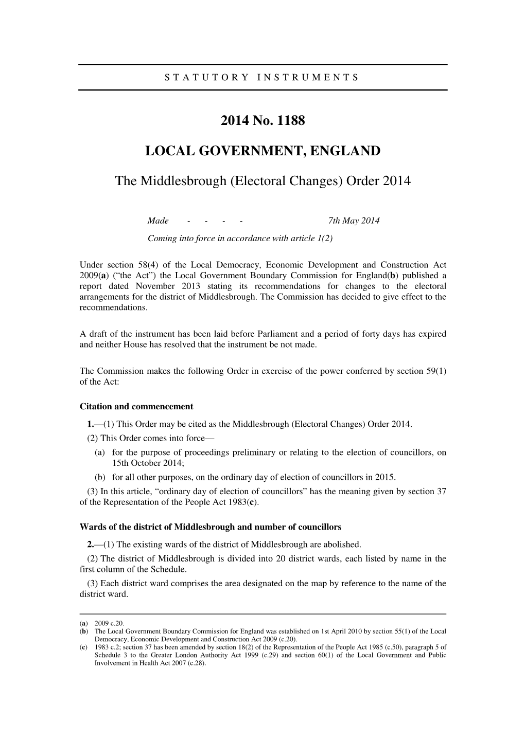 The Middlesbrough (Electoral Changes) Order 2014