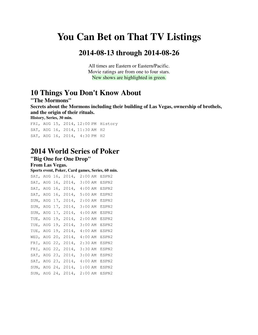You Can Bet on That TV Listings 2014-08-13 Through 2014-08-26