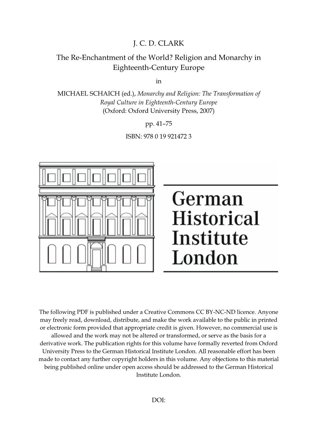 J. C. D. CLARK the Re-Enchantment of the World? Religion and Monarchy in Eighteenth-Century Europe