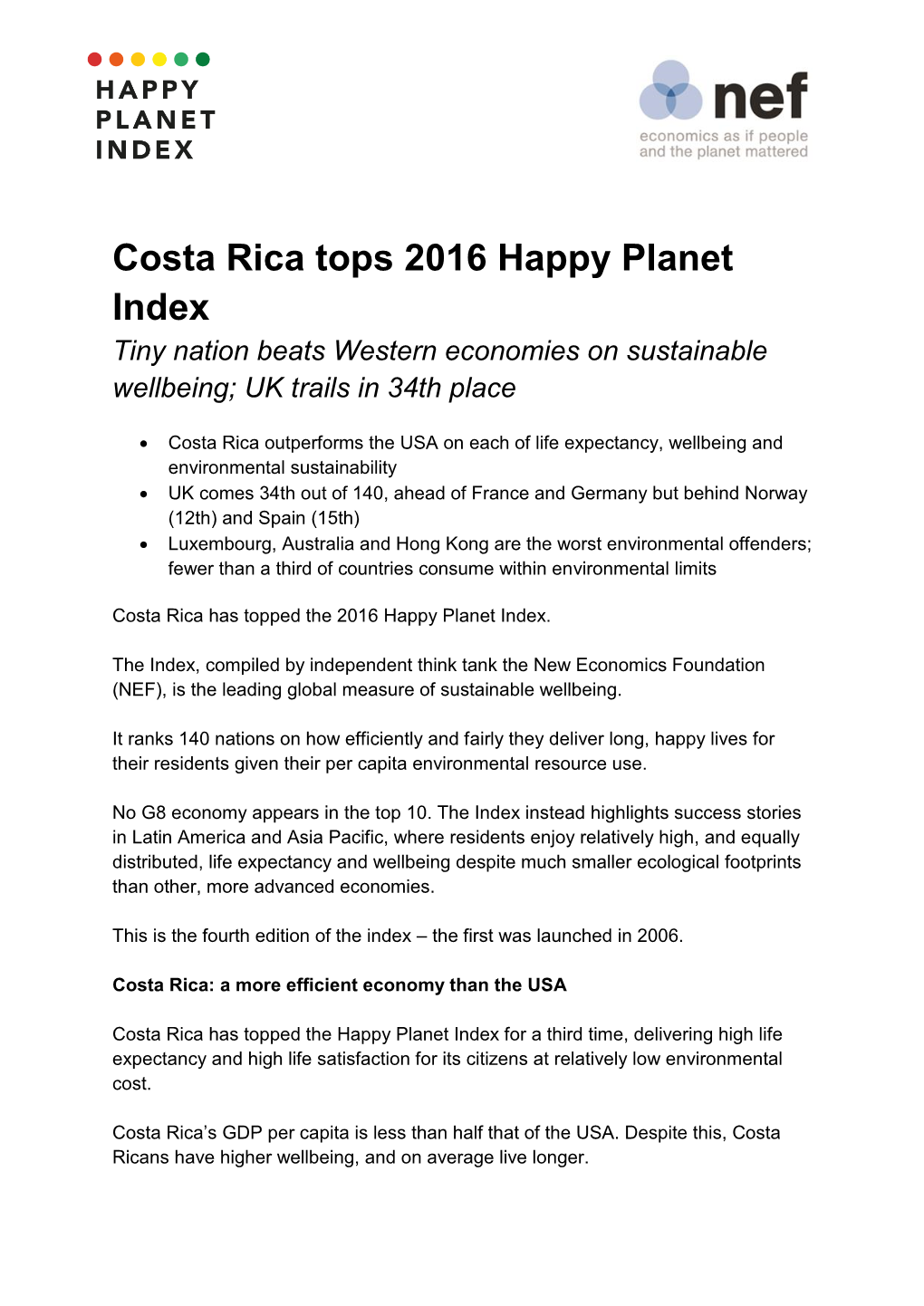 Costa Rica Tops 2016 Happy Planet Index