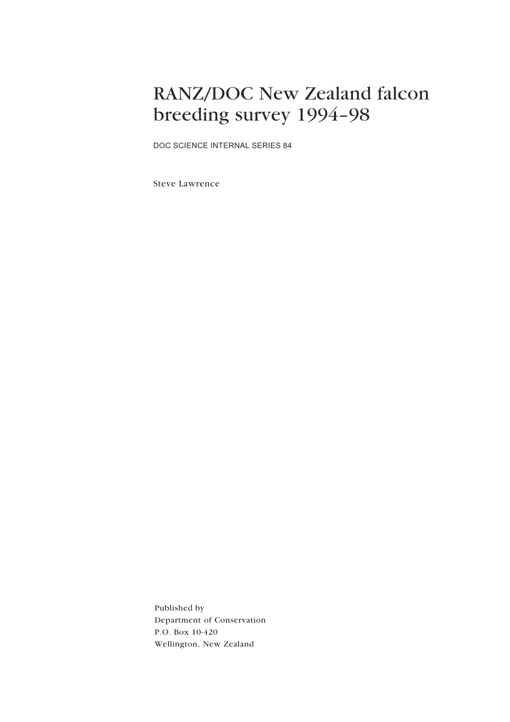 RANZ/DOC New Zealand Falcon Breeding Survey 1994–98