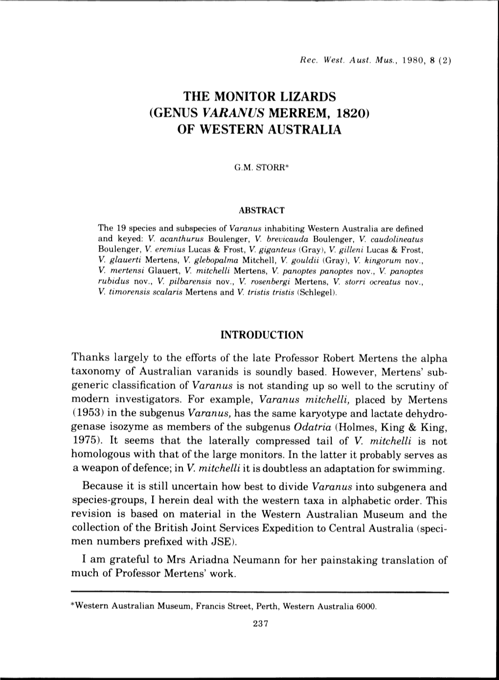 The Monitor Lizards (Genus Varanus Merrem, 1820) of Western Australia