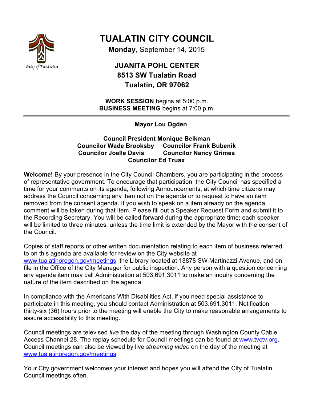 TUALATIN CITY COUNCIL Monday, September 14, 2015