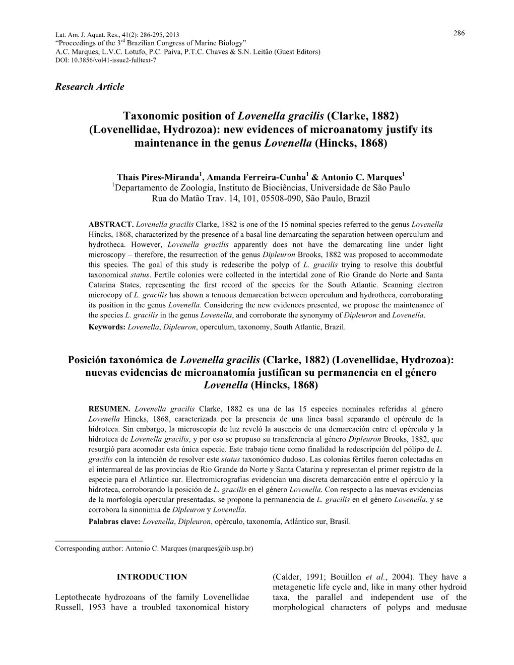 Clarke, 1882) (Lovenellidae, Hydrozoa): New Evidences of Microanatomy Justify Its Maintenance in the Genus Lovenella (Hincks, 1868