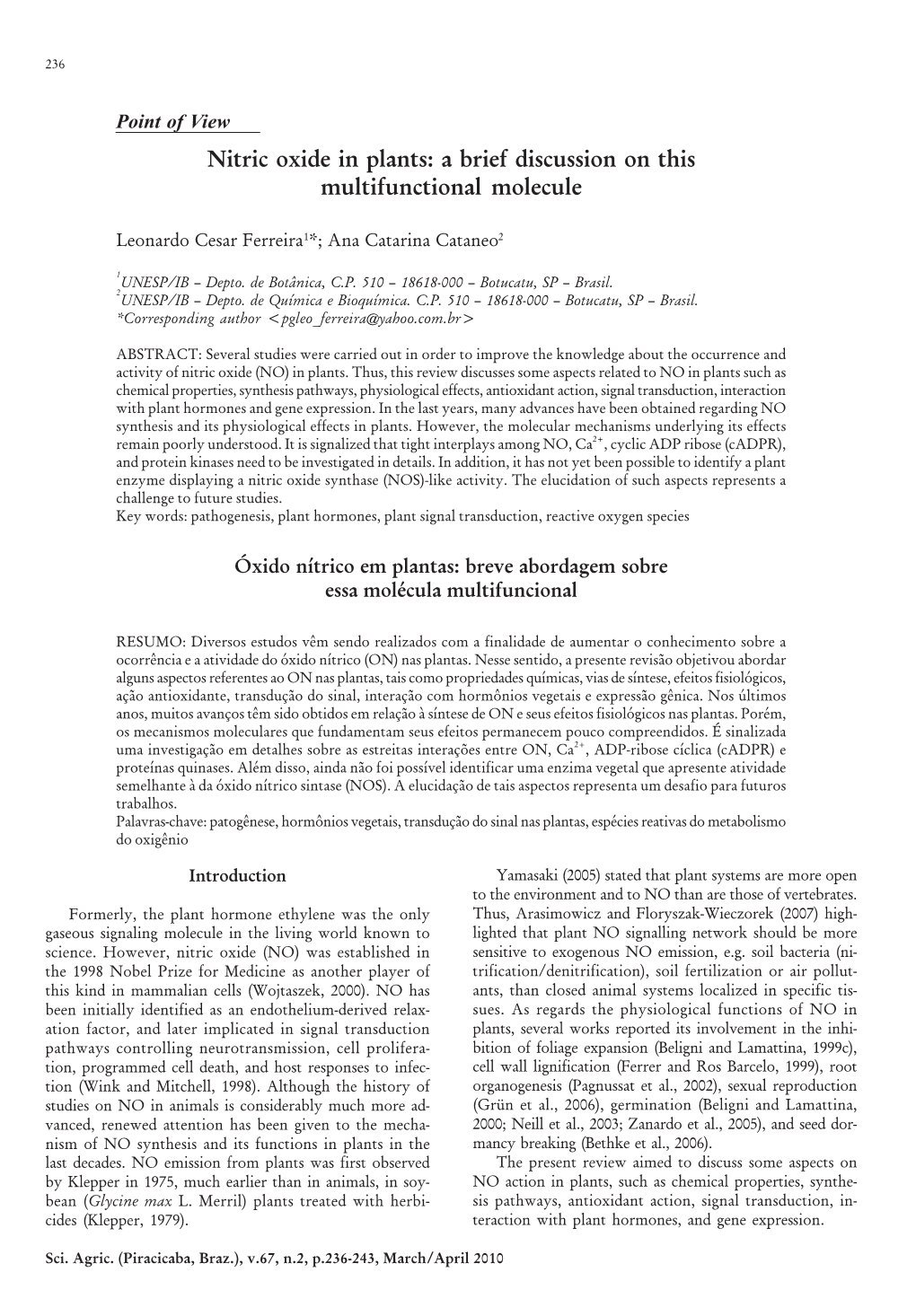 Nitric Oxide in Plants: a Brief Discussion on This Multifunctional Molecule