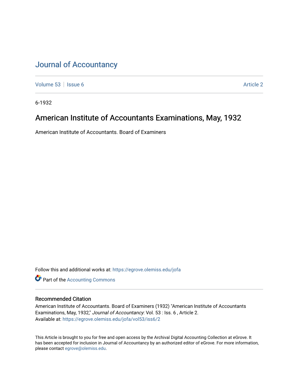 American Institute of Accountants Examinations, May, 1932