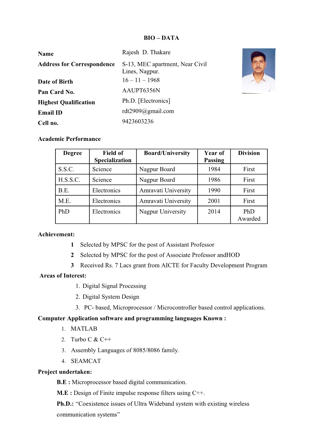 1 Selected by MPSC for the Post of Assistant Professor