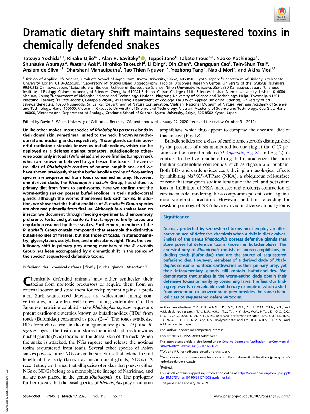 Dramatic Dietary Shift Maintains Sequestered Toxins in Chemically Defended Snakes