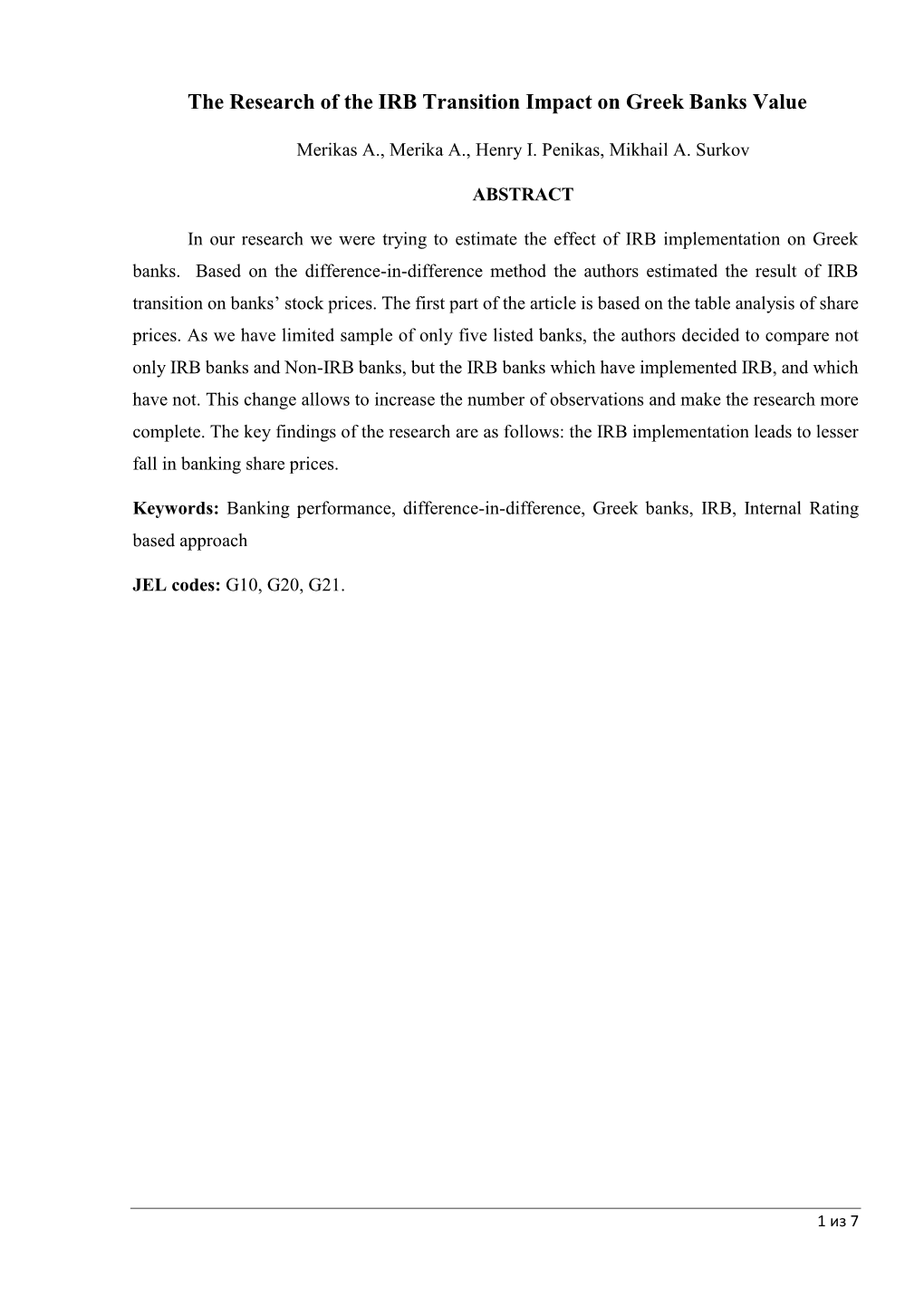 The Research of the IRB Transition Impact on Greek Banks Value