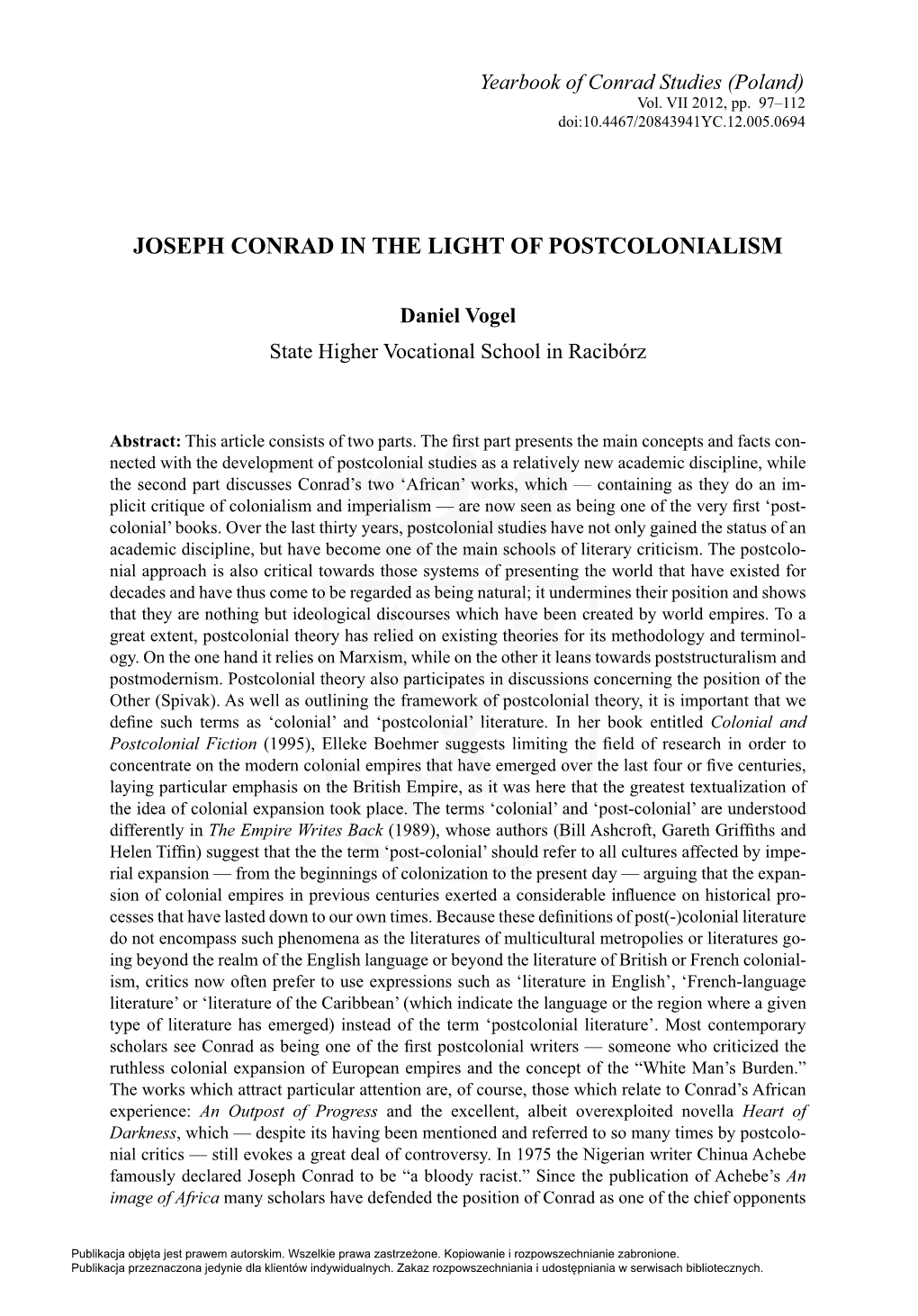 Joseph Conrad in the Light of Postcolonialism