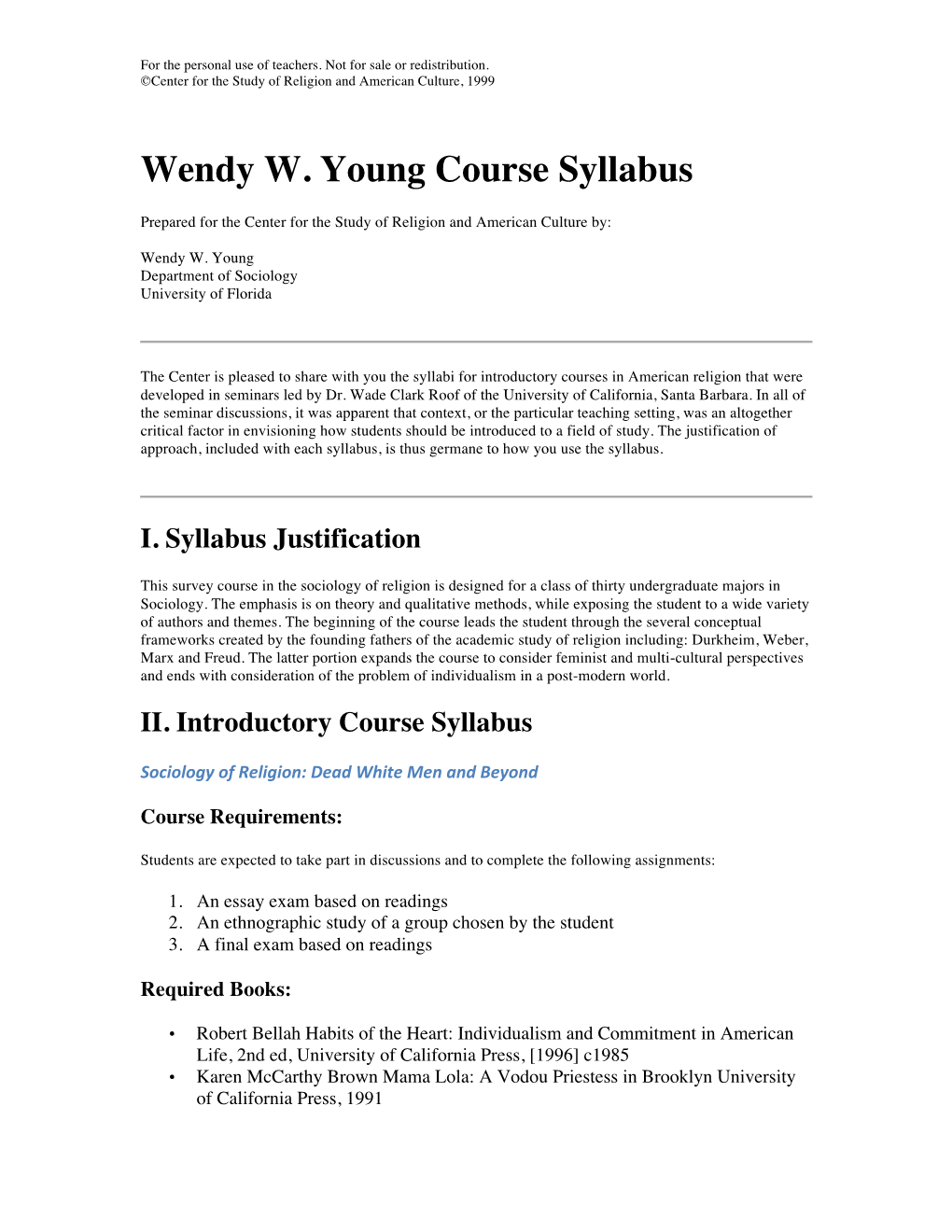 Wendy W. Young Course Syllabus