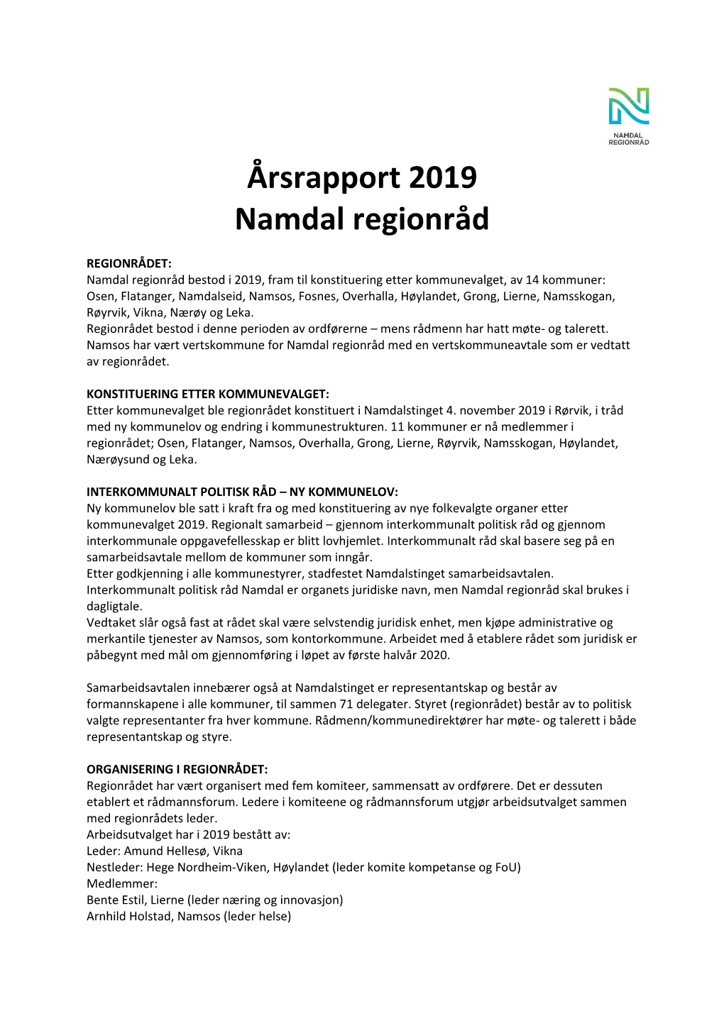 Årsrapport 2019 Namdal Regionråd