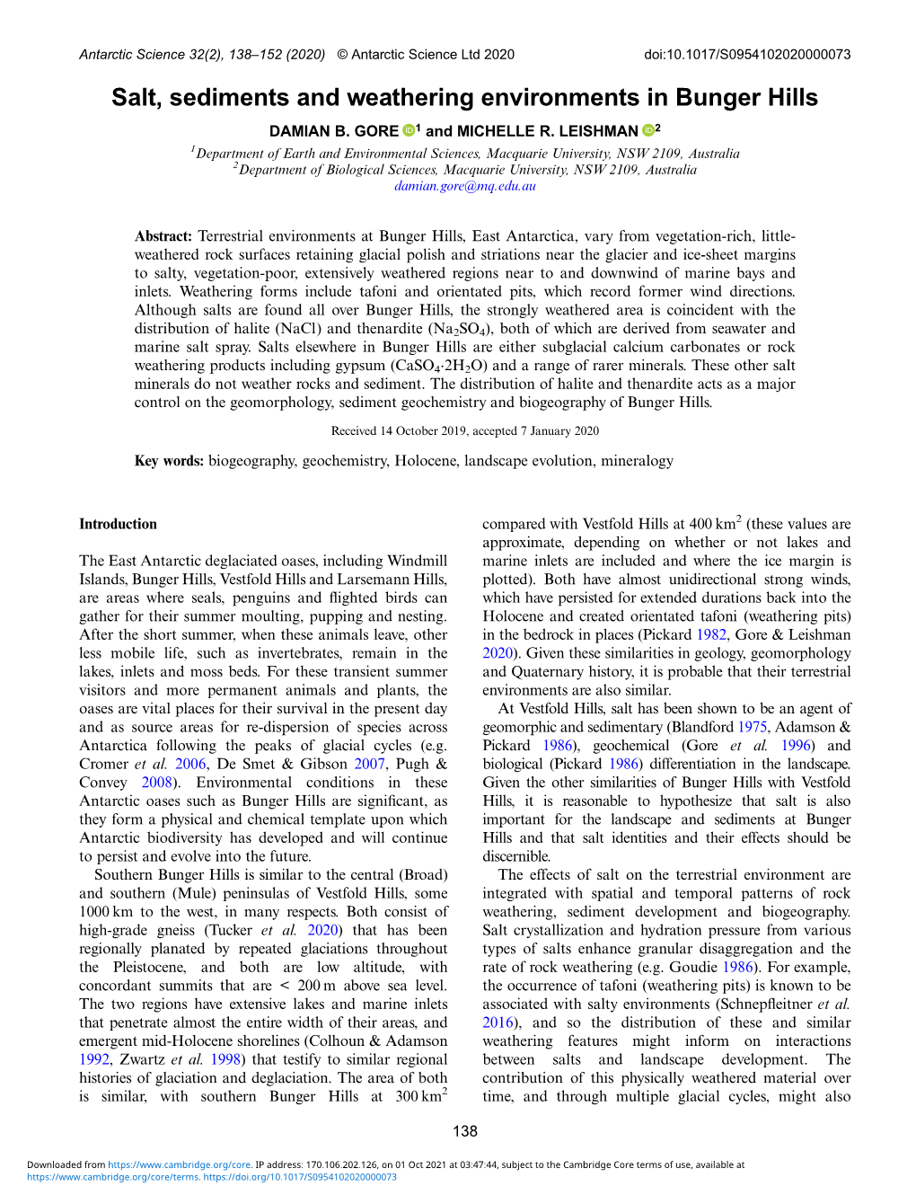 Salt, Sediments and Weathering Environments in Bunger Hills DAMIAN B