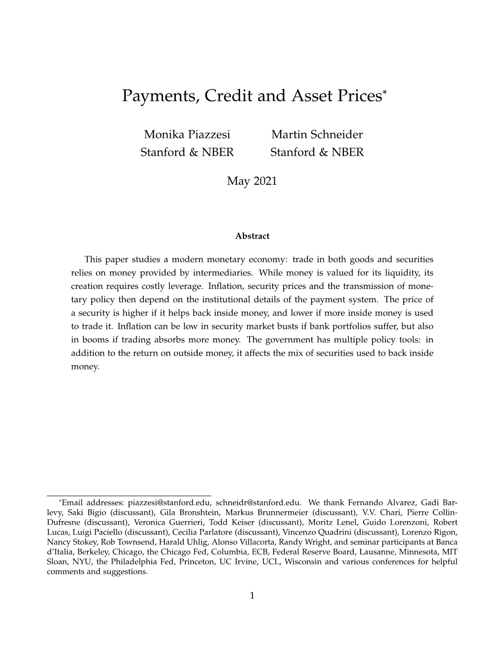 Payments, Credit and Asset Prices*