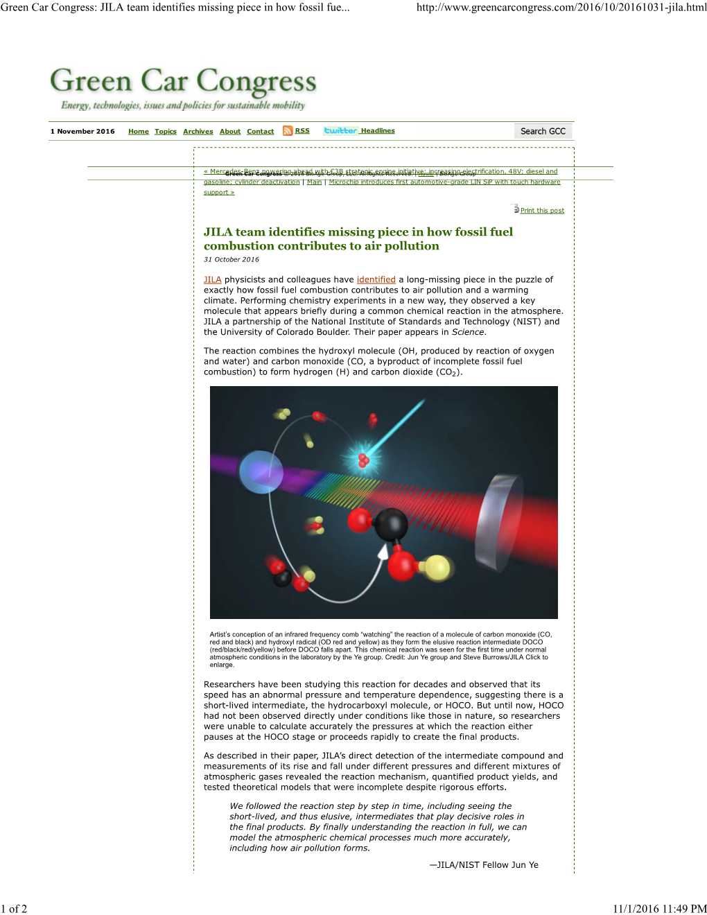 JILA Team Identifies Missing Piece in How Fossil Fuel Combustion Contributes to Air Pollution 31 October 2016