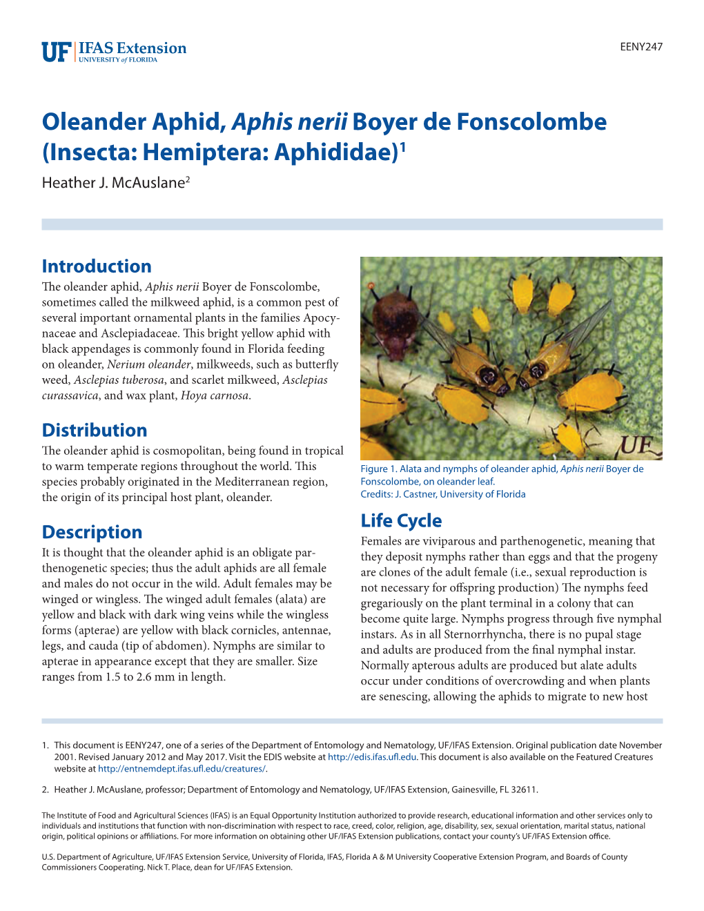 Oleander Aphid, Aphis Nerii Boyer De Fonscolombe (Insecta: Hemiptera: Aphididae)1 Heather J