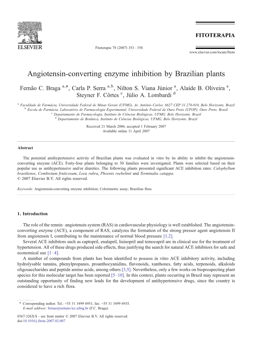 Angiotensin-Converting Enzyme Inhibition by Brazilian Plants ⁎ Fernão C
