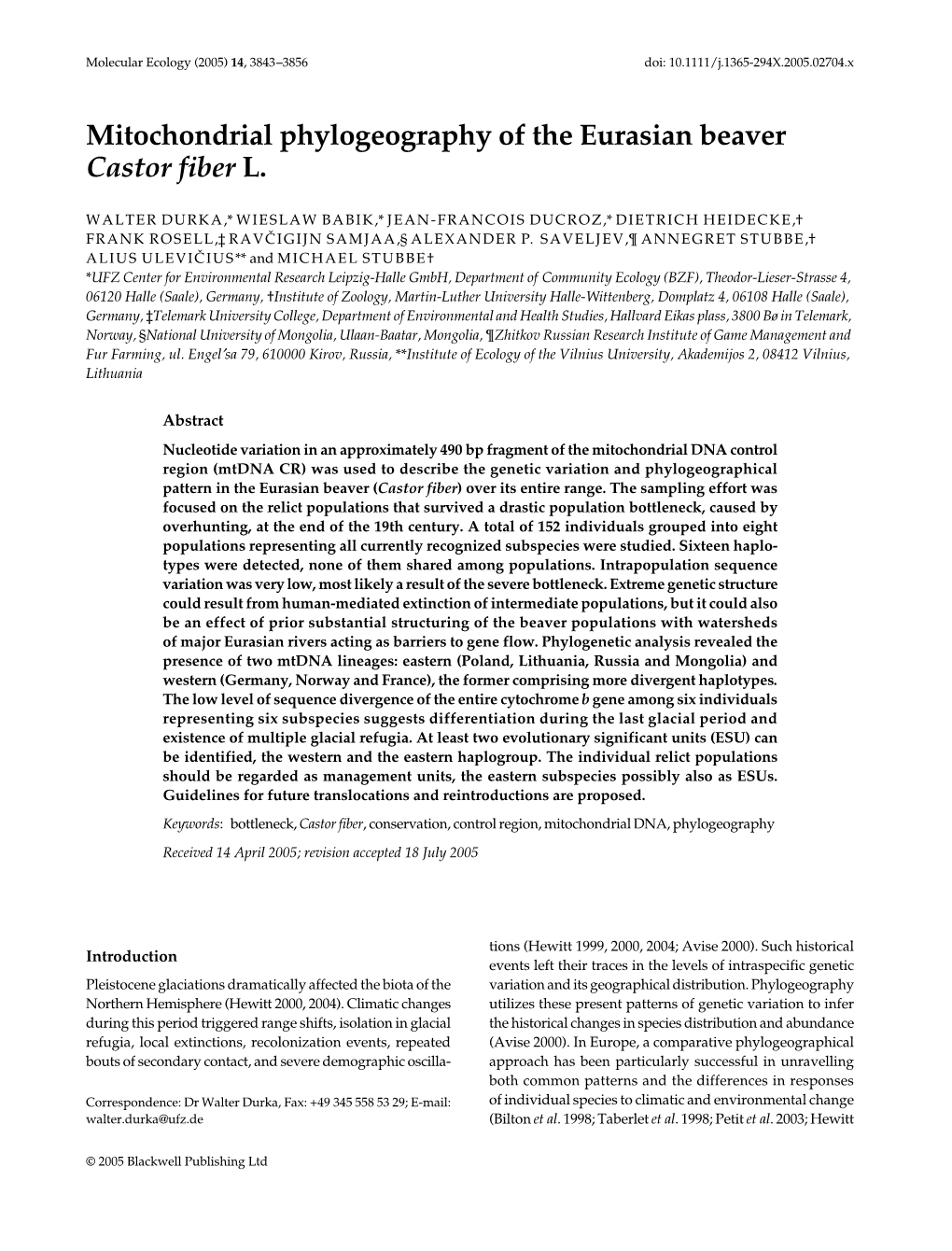 Mitochondrial Phylogeography of the Eurasian Beaver Castor Fiber L