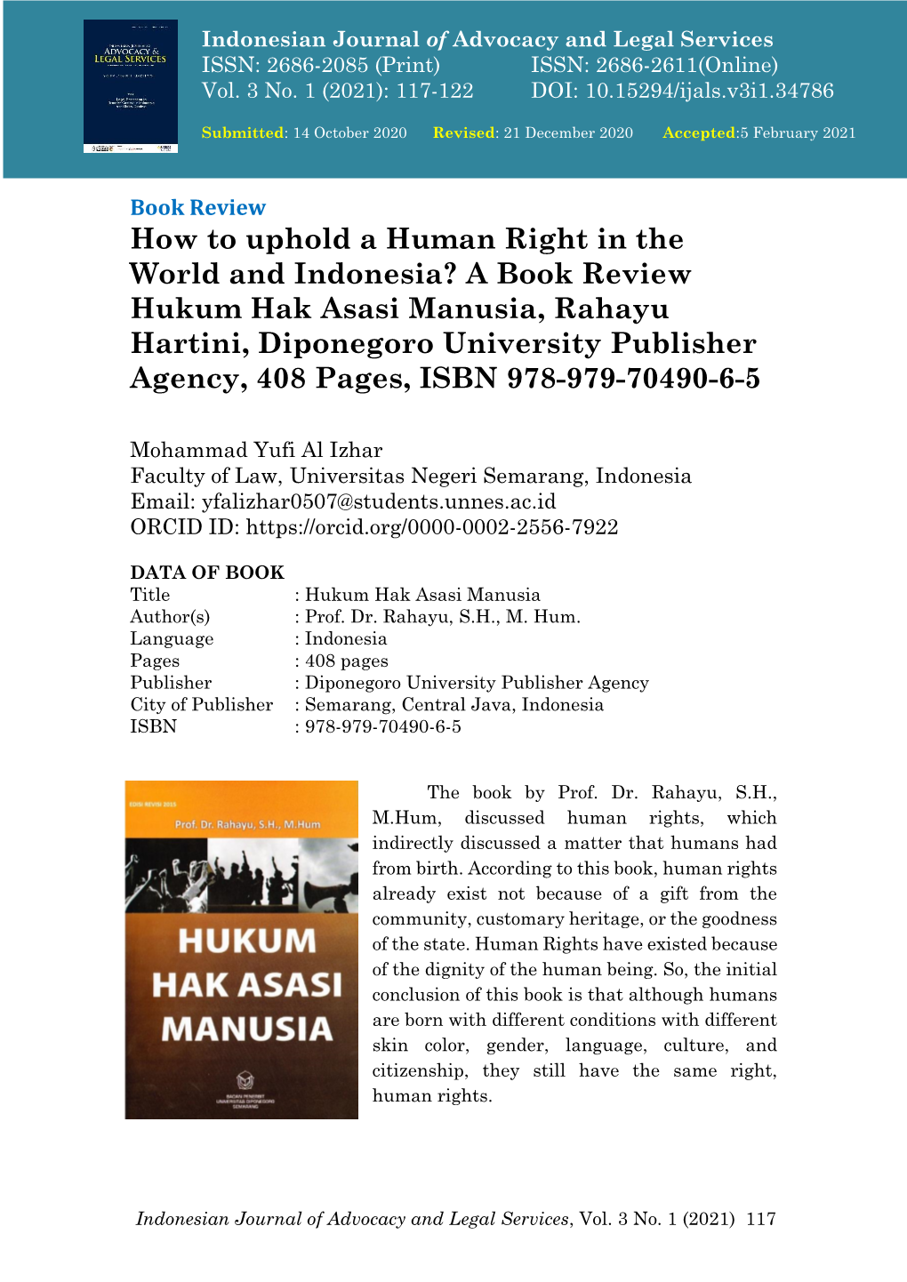 A Book Review Hukum Hak Asasi Manusia, Rahayu Hartini, Diponegoro University Publisher Agency, 408 Pages, ISBN 978-979-70490-6-5