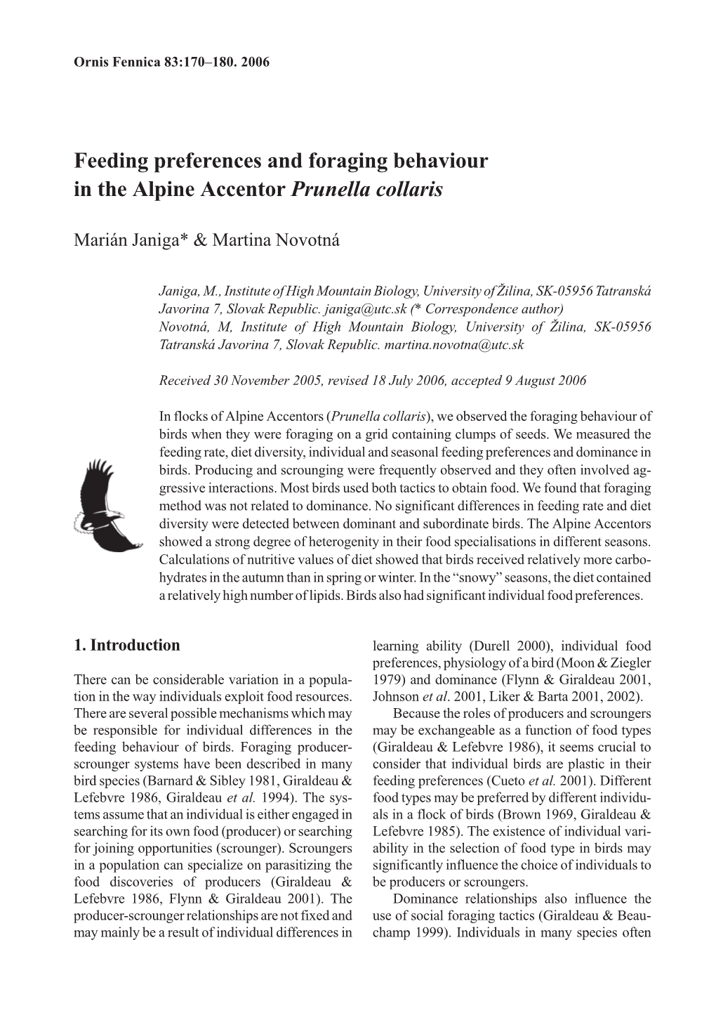 Feeding Preferences and Foraging Behaviour in the Alpine Accentor Prunella Collaris