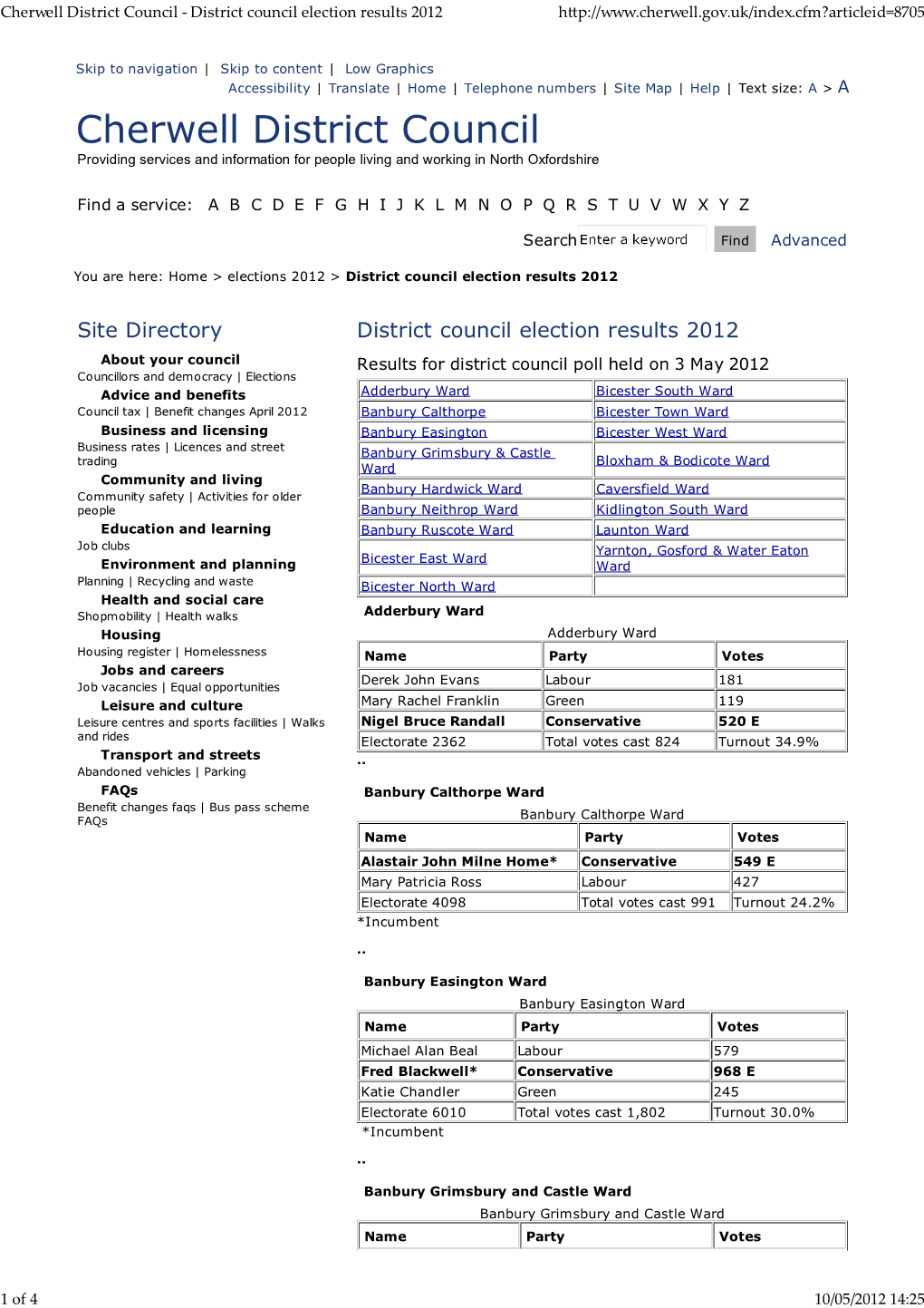 Cherwell District Council - District Council Election Results 2012 H�P