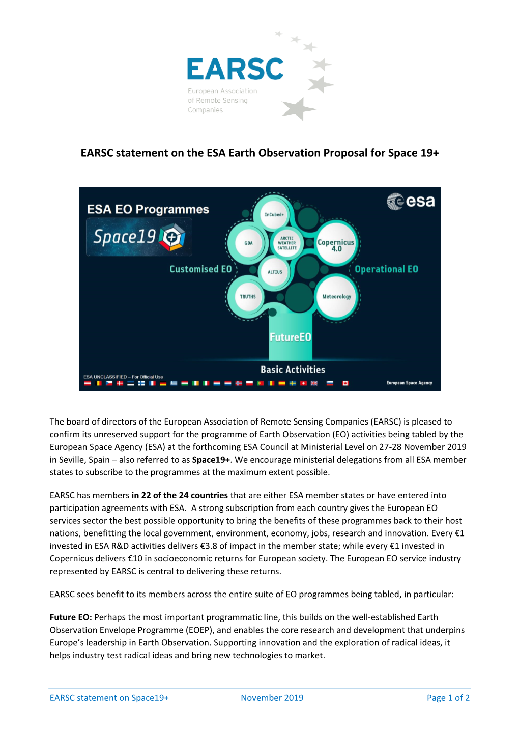 EARSC Statement on the ESA Earth Observation Proposal for Space 19+