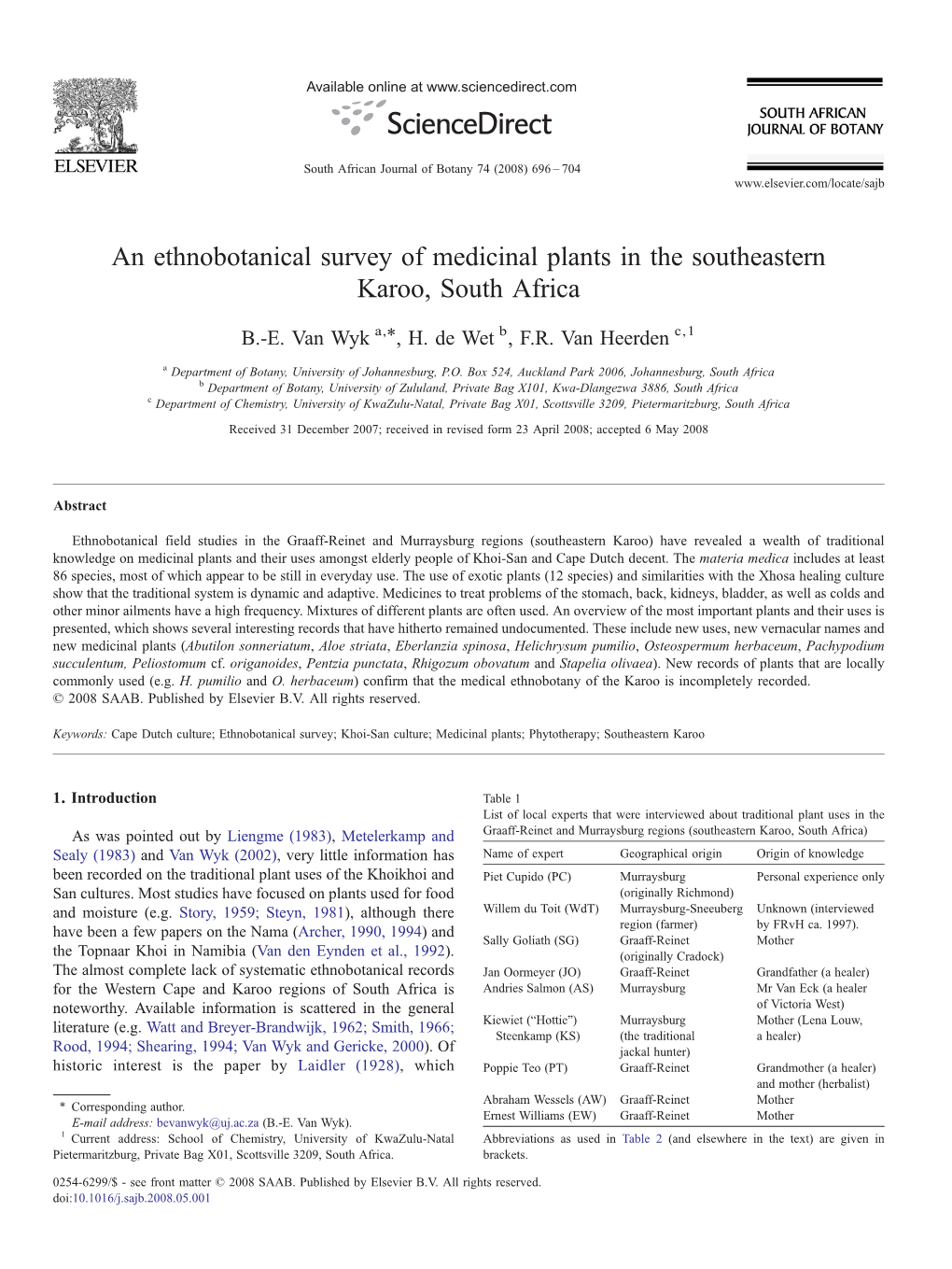 An Ethnobotanical Survey of Medicinal Plants in the Southeastern Karoo, South Africa ⁎ B.-E