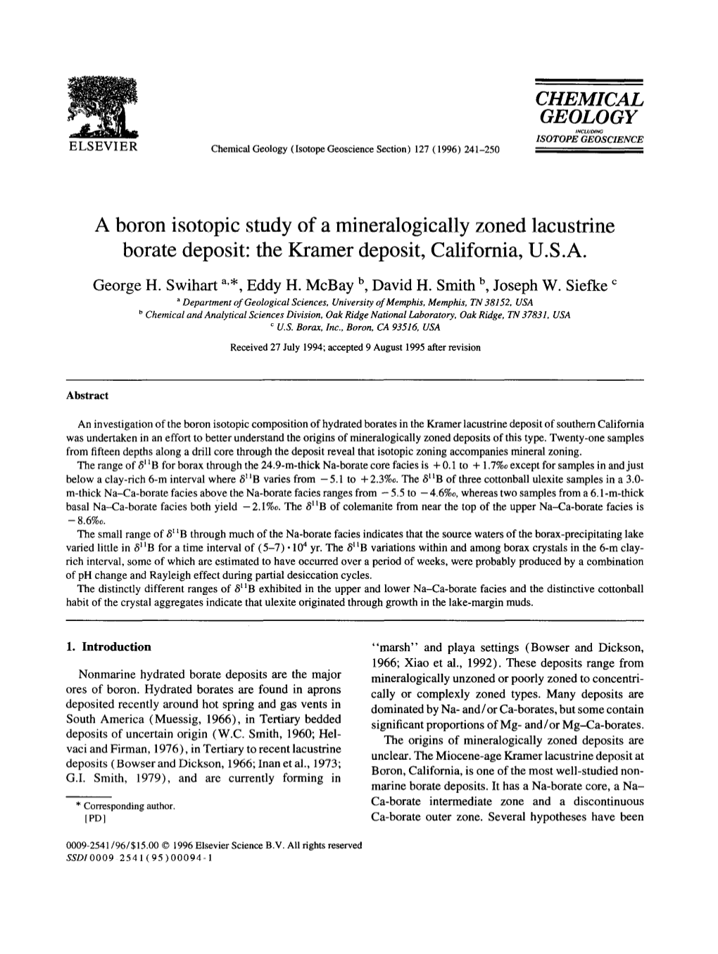 A Boron Isotopic Study of a Mineralogically Zoned Lacustrine Borate Deposit: the Kramer Deposit, California, U.S.A