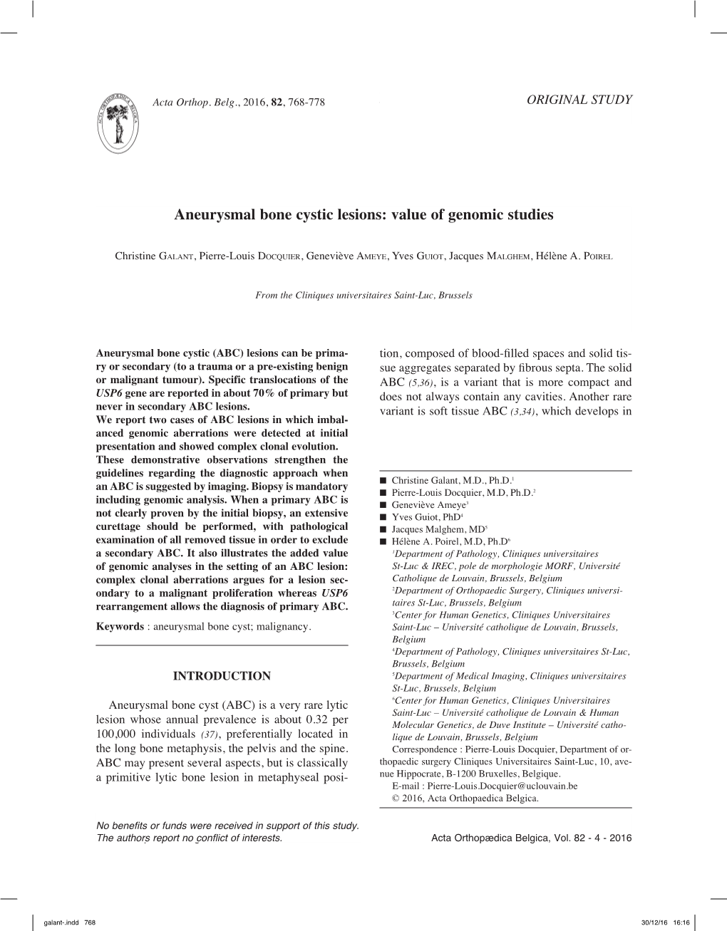 Aneurysmal Bone Cystic Lesions: Value of Genomic Studies