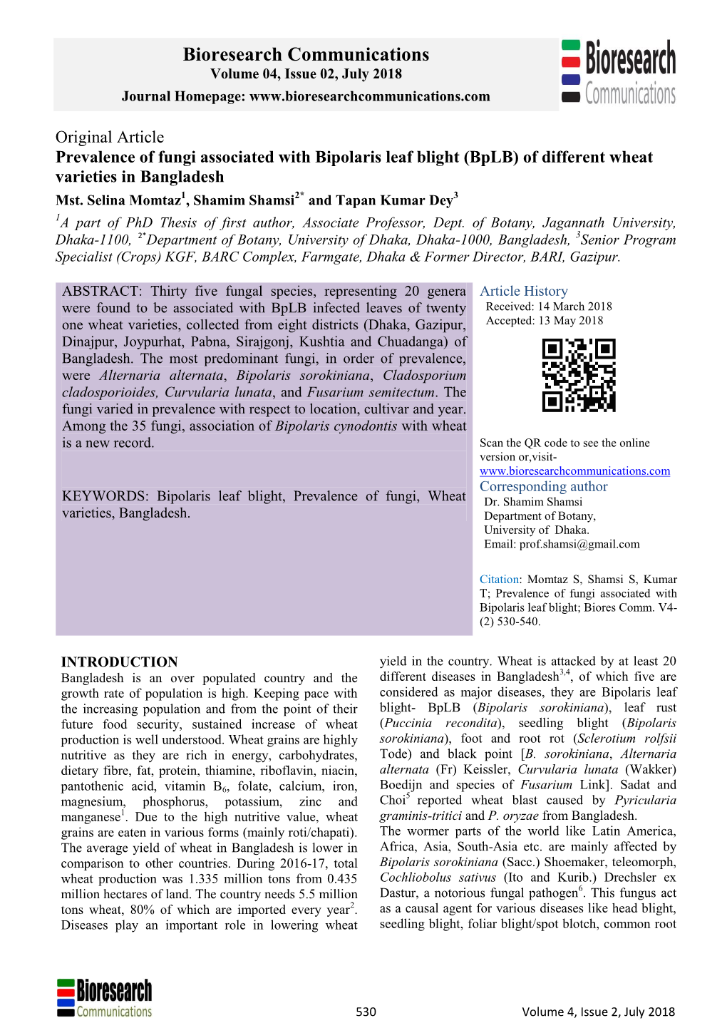 Bioresearch Communications Volume 04, Issue 02, July 2018