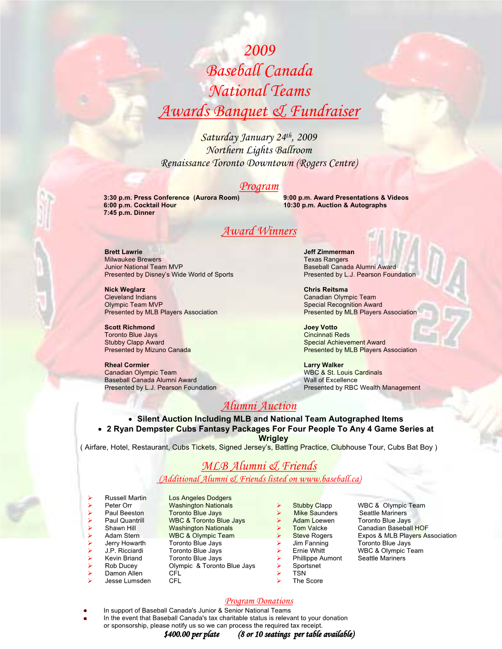 2009 Baseball Canada National Teams Awards Banquet & Fundraiser