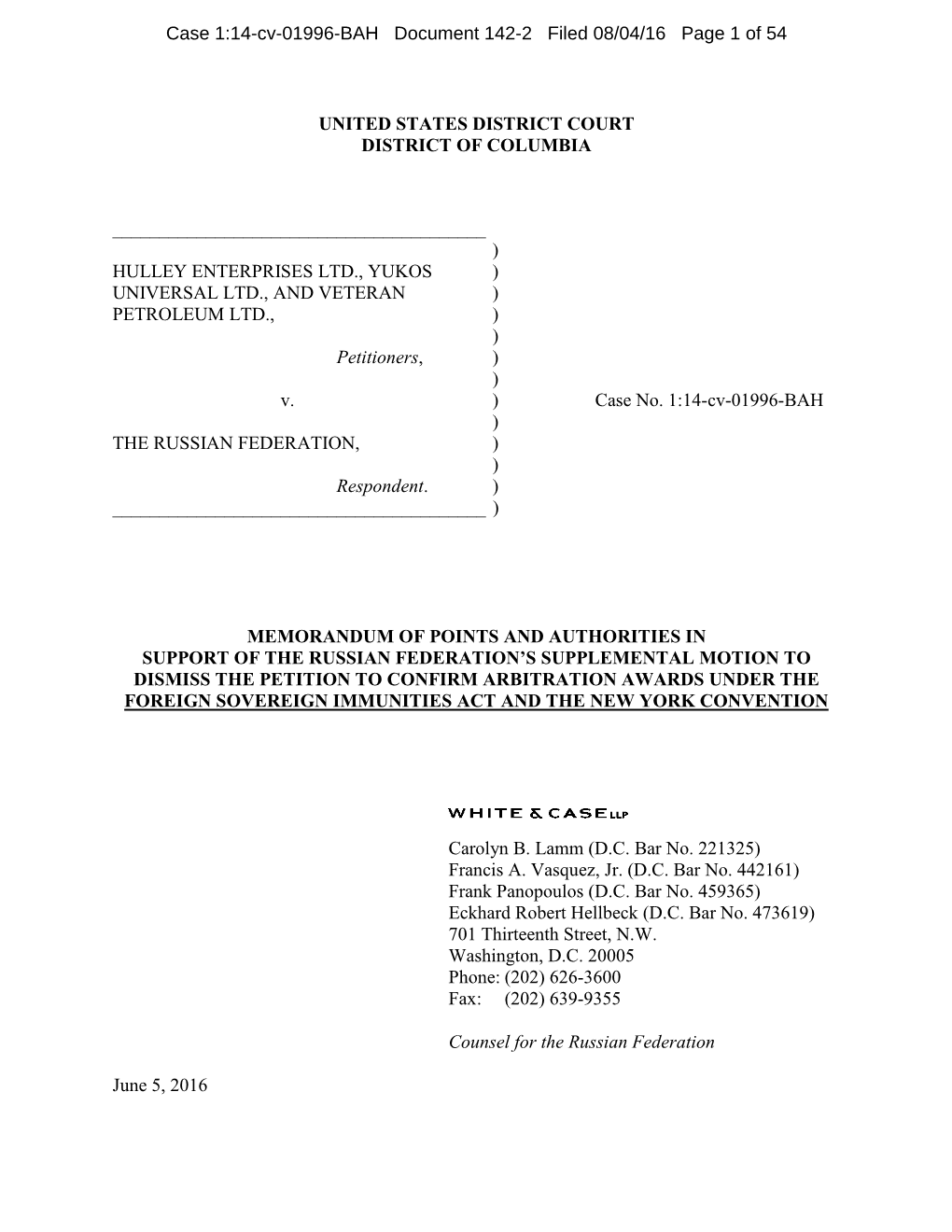 Memorandum of Points and Authorities in Support of Russia's Supplemental Motion to Dismiss Claimant's Petition