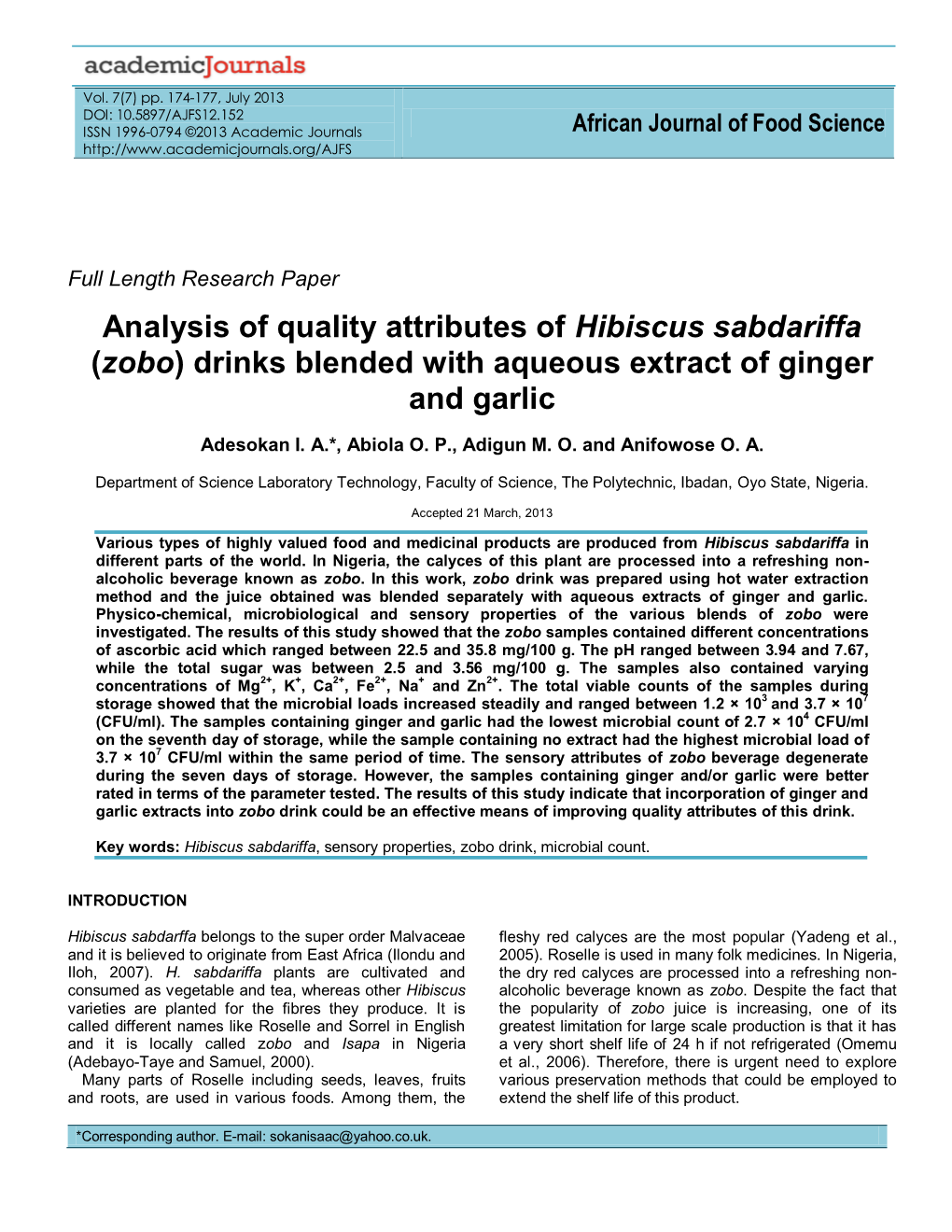 Analysis of Quality Attributes of Hibiscus Sabdarifta (Zobo) Drinks Blended with Ginger and Garlic