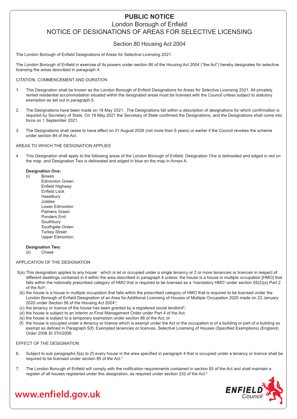 Public Notice of Designations of Areas for Selective Licensing (PDF)