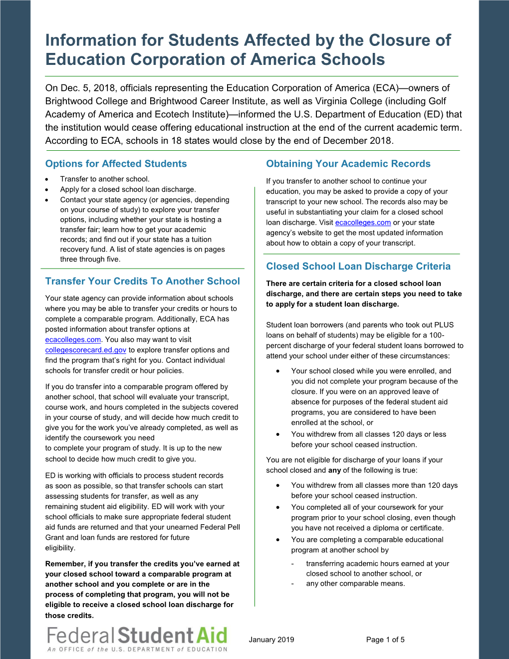 Education Corporation of America Closure Fact Sheet