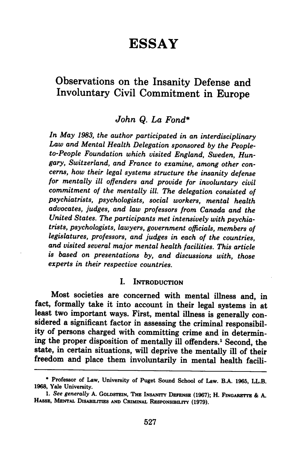 Observations on the Insanity Defense and Involuntary Civil Commitment in Europe