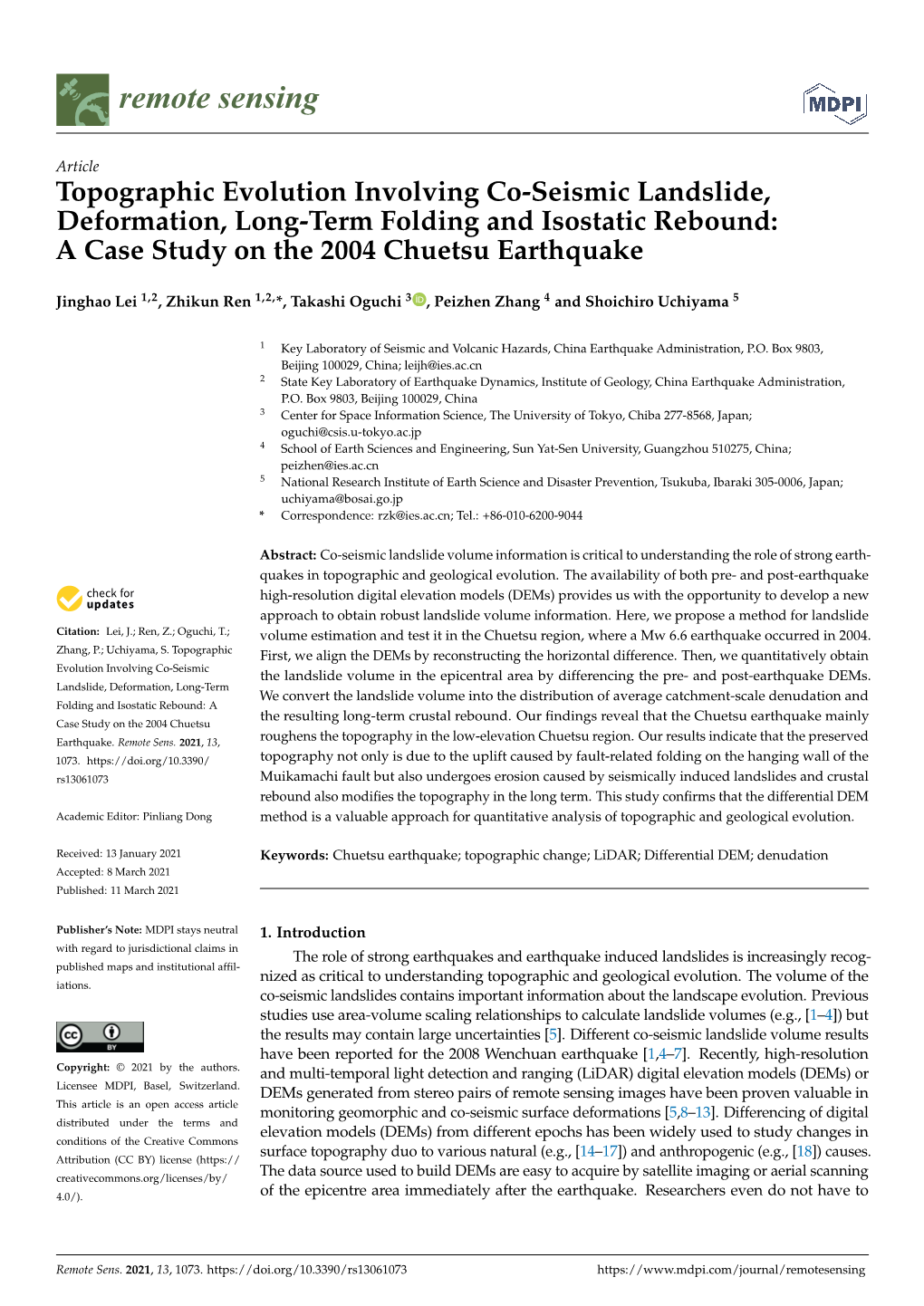 Topographic Evolution Involving Co-Seismic Landslide, Deformation, Long-Term Folding and Isostatic Rebound: a Case Study on the 2004 Chuetsu Earthquake